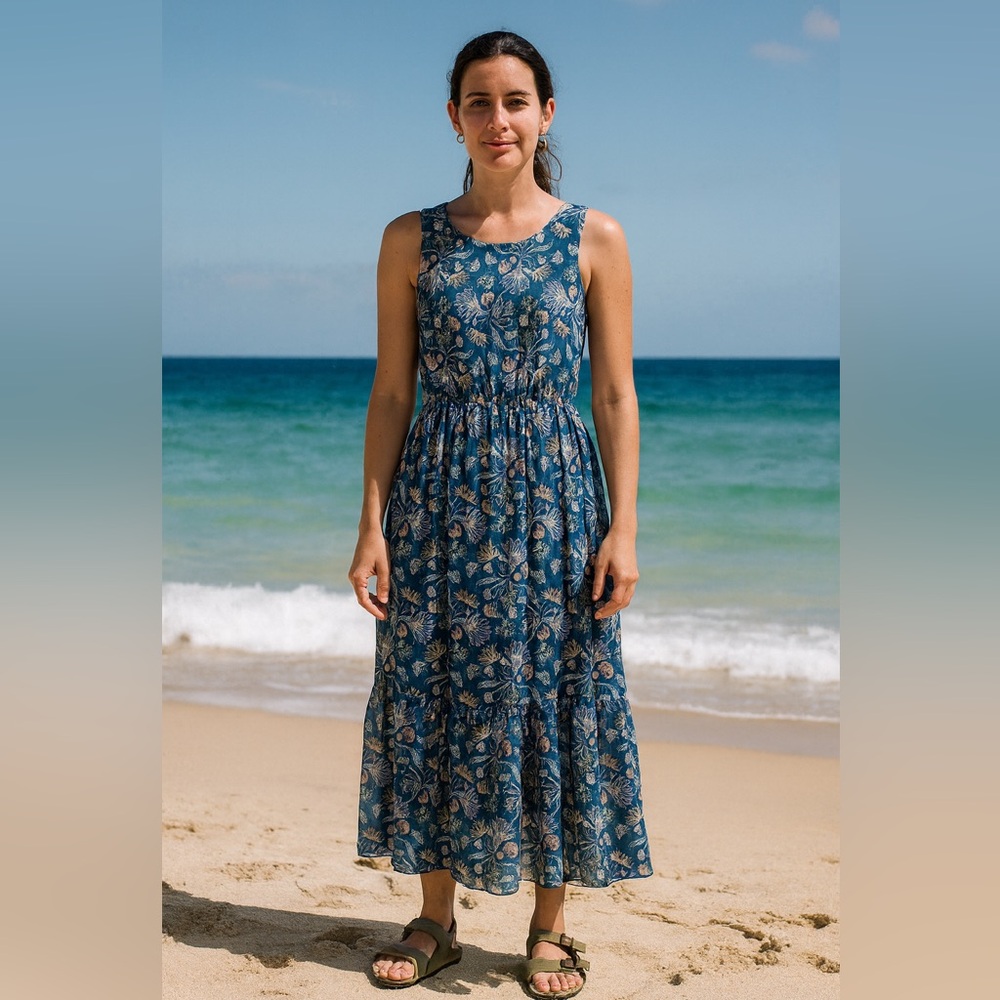Lara G Womens Paisley Silk Blend Blouson Maxi Dress Size M Blue Pink Lightweight